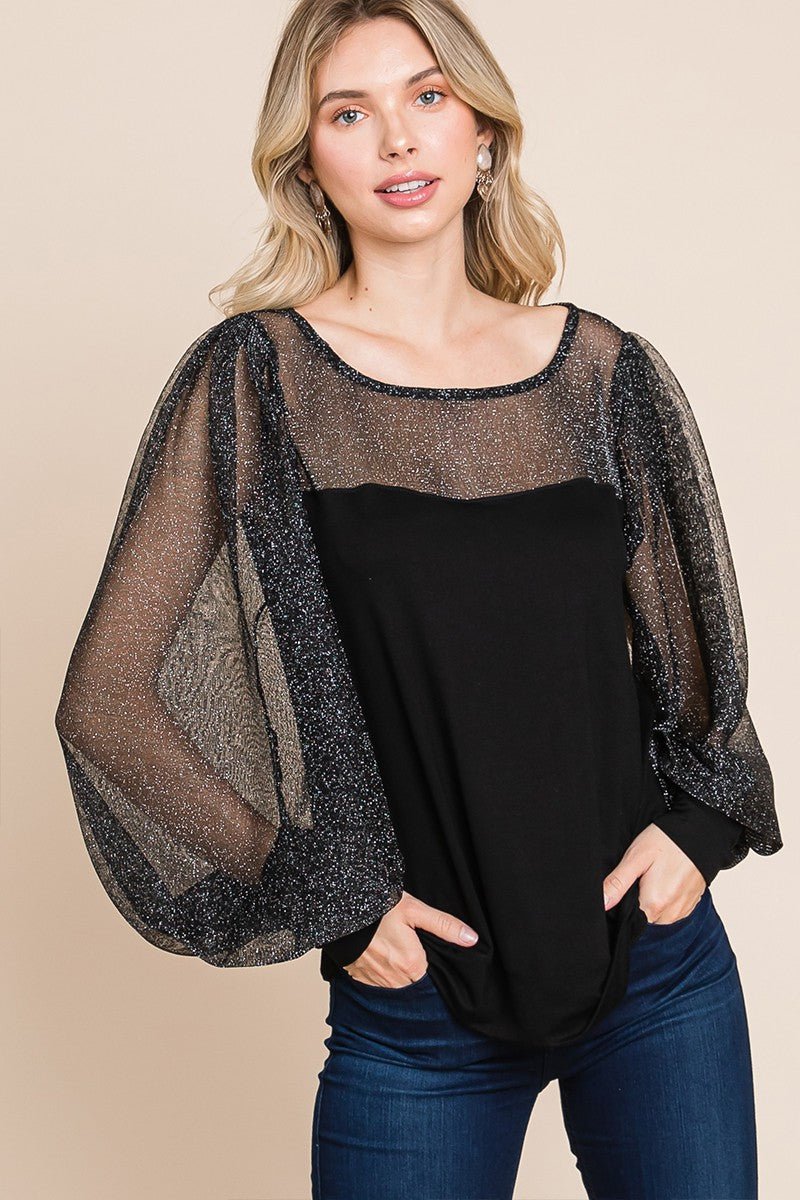 Super Lady Full Size Metallic Mesh Lantern Sleeve Blouse - Love Salve